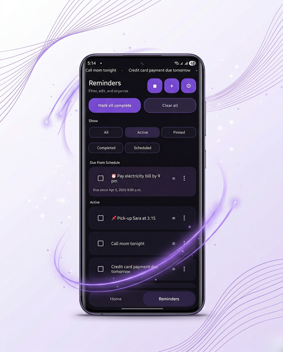 Glidely reminders list with filters for Active, Pinned, Scheduled, and Completed